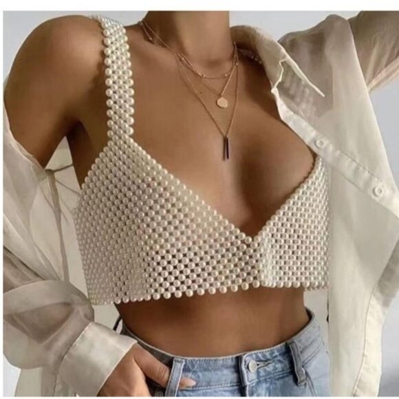 Tops - Beaded Tank Top Pearls Bra One Size
